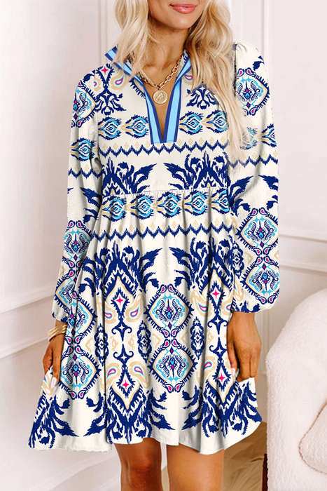 Blue Ethnic Print Striped Split Neck Long Sleeve Flowy Mini Dress