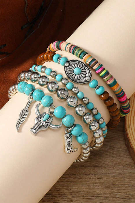 Turquoise Western Pattern Turquoise Beaded Multi Layer Bracelet Set