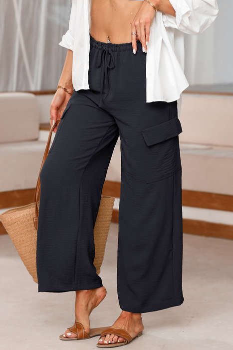 Black Drawstring Frilled Elastic Waistband Wide Leg Utility Trousers