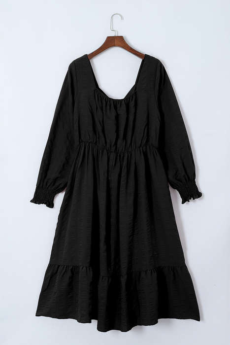Black Lace-up Ruched Front Long Sleeve Ruffle Hem Plus Size Midi Dress