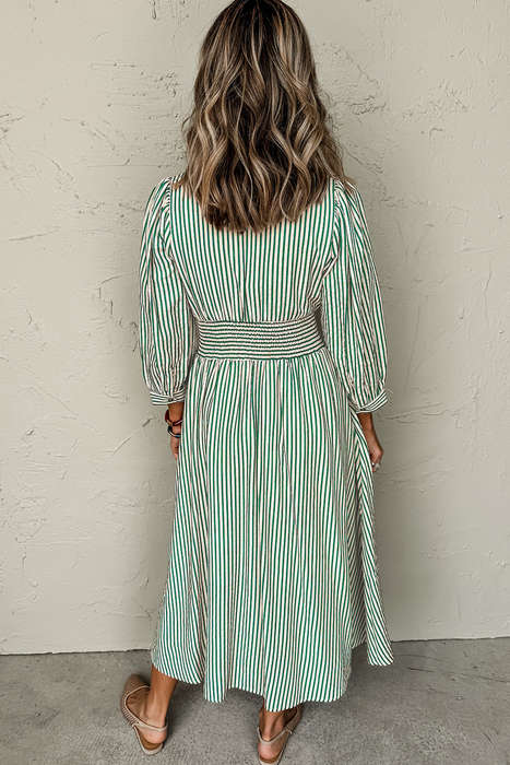 Green Stripe V Neck Zip Front Cinched High Waist Midi Dress