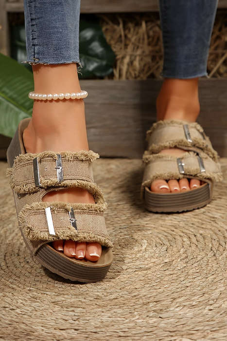 Pale Khaki Double Buckle Straps Hollow Out Frayed Detial Retro Slippers