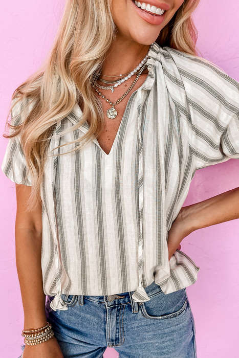 Gray Stripe Frilled Tie Neck Short Sleeve Blouse