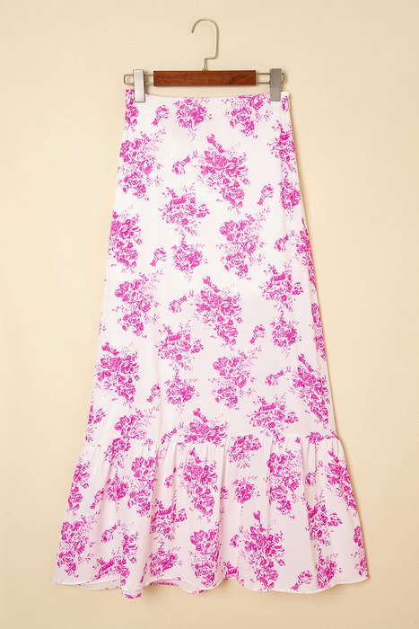 Rose Boho Floral High Waist Ruffle Split Maxi Skirt