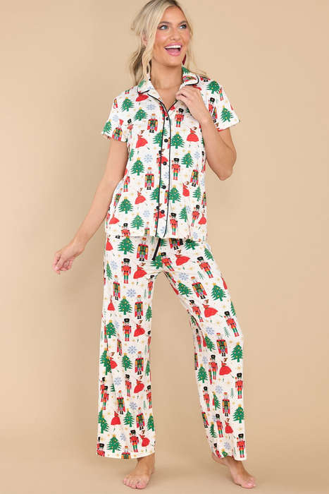 White Printed Christmas Pattern Buttoned Two Piece Sleepwear