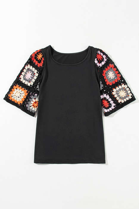 Black Floral Crochet Short Sleeve Top