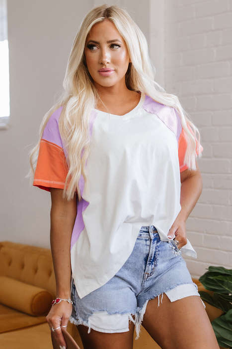 Beige Colorblock Patchwork V Neck Exposed Seam High Low T Shirt