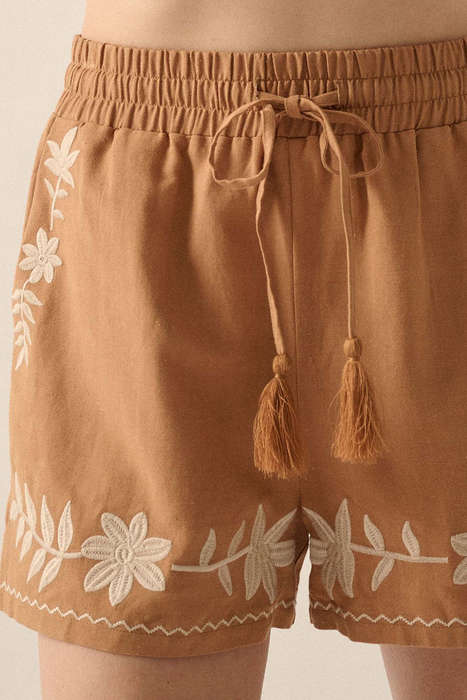 Khaki Embroidered Boho Tasseled Drawstring Elastic Waistband Casual shorts