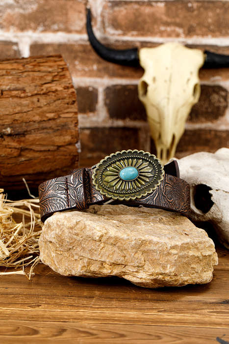 Chestnut Retro Turquoise Plate Decor Embossed Faux Leather Belt