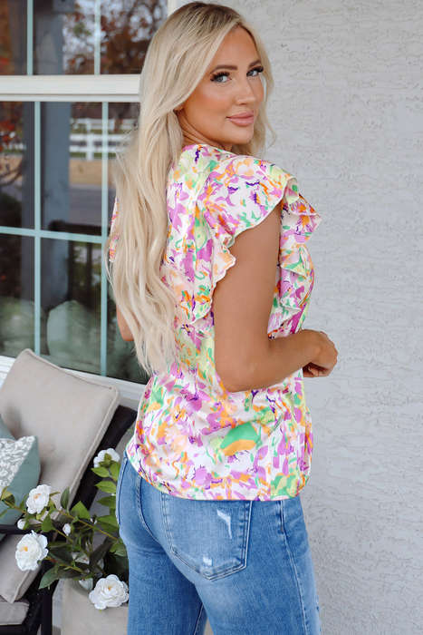 Purple Abstract Printed Ruffled Short Sleeve Notched Neck Blouse