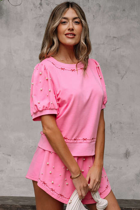 Pink Contrast Bow Trim Pearl Puff Sleeve Blouse and Skort 2pcs Set