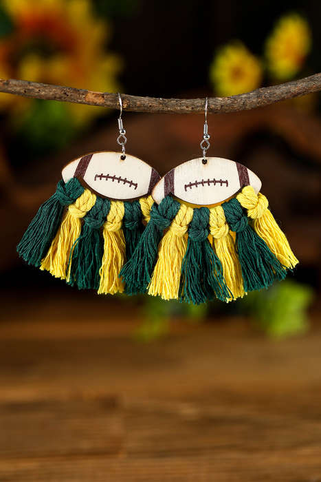 Green Rugby Football Color Block Braided Tasseled Drop Earrings