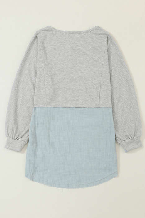 Grey Crinkle Splicing Raw Hem High Low Oversized Blouse