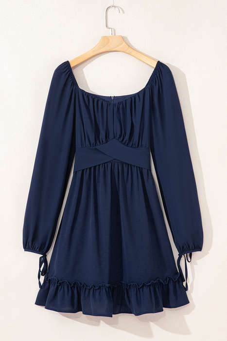 Blue White Plain Ruffled High Waist Square Neck Mini Dress