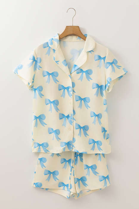 Yellow Bow Printed Short Sleeve Shirt Shorts Pajama Set