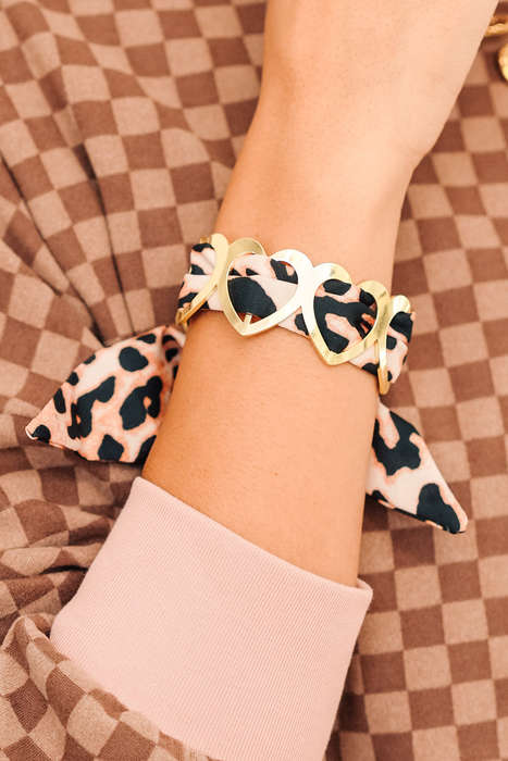 Camel Leopard Ribbon Twine Around Gold Plated Heart Bracelet