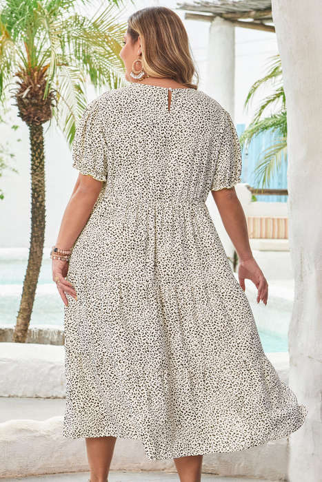 Beige Plus Size Leopard Print Frill Trim Short Sleeve Flared Dress