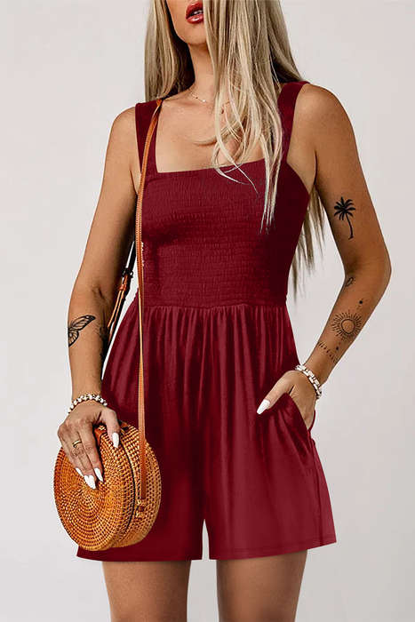 Burgundy Casual Pocketed Smocked Sleeveless Romper