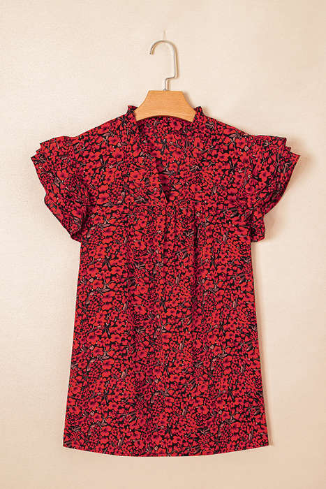 Fiery Red Rose Floral Print Ruffle Sleeve Plus Size Shift Top