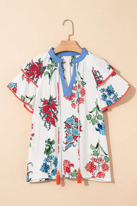 White Floral Print Contrast V Neck Tassel Tie Lace Detail Short Sleeve Blouse