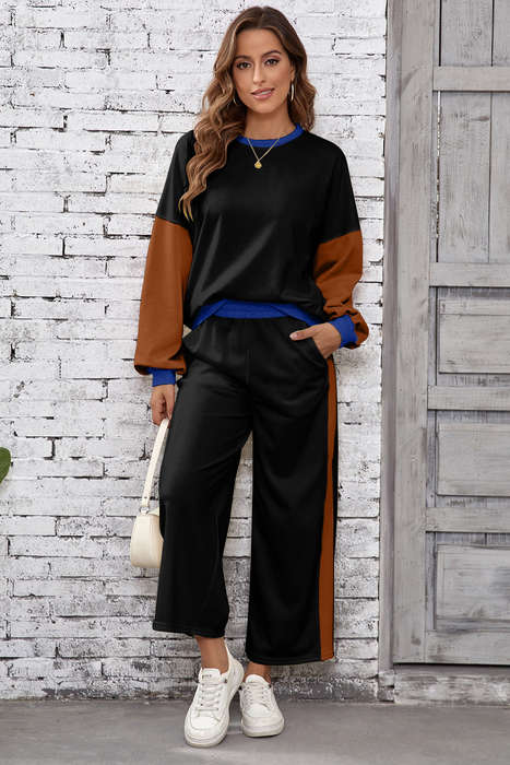 Black 2pcs Color Block Pullover Loose Pant Set