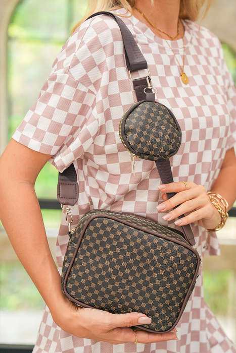 Coffee Checkered Print PU Leather Shoulder Bag with Coin Wallet
