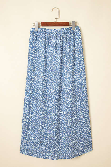 Sky Blue Boho Floral High Waist Long Skirt with Side Split