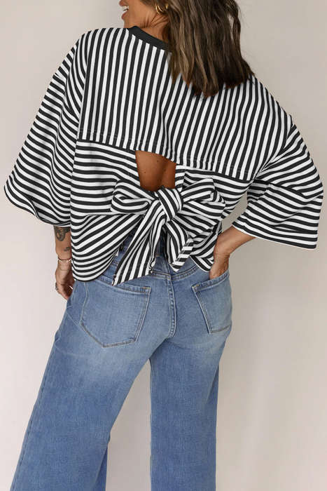 Black Stripe Bowknot Cutout Back Drop Shoulder Wide Bracelet Sleeve Loose Tee