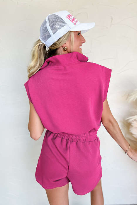 Rose Red Textured Short Sleeve Half Zip Drawstring Elastic Waistband Romper