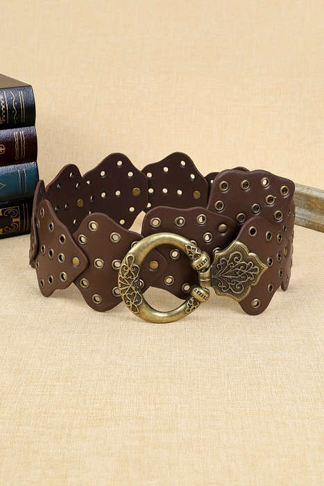 Chestnut Y2K Antique Bronze Circle Grommet Detail Western Leather Belt