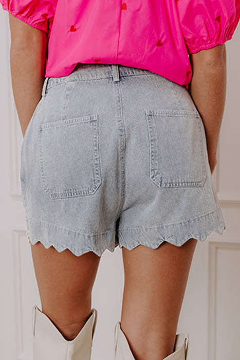 Dusk Blue Scalloped Hemline Acid Wash High Waist Denim Shorts
