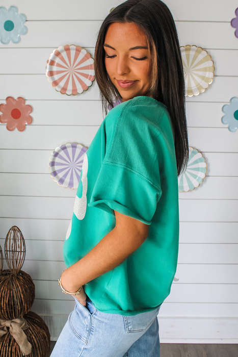 Sea Green Lace Bow Raw Edge Drop Shoulder Casual T Shirt