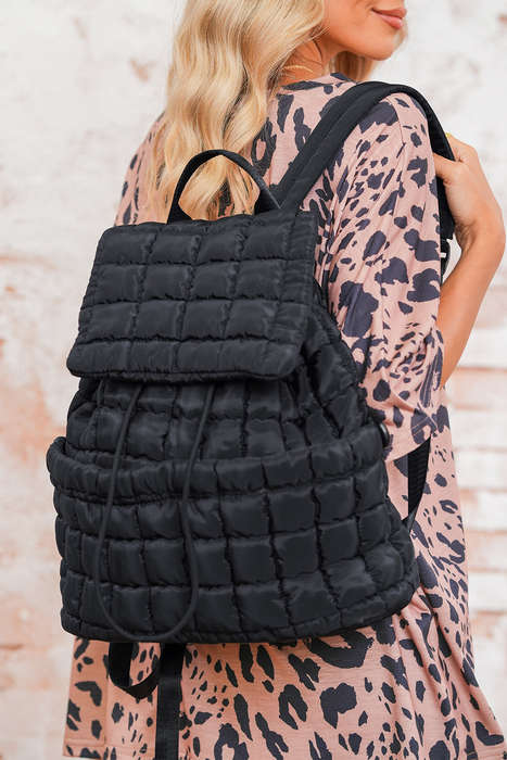 Black Solid Flapped Quilted Puffer Backpack