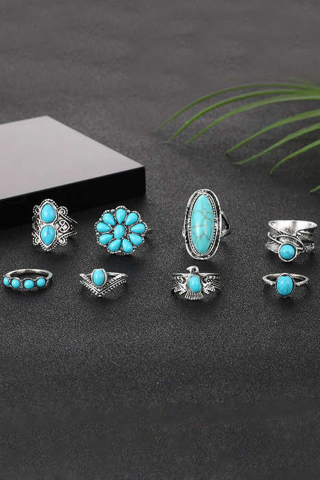 Green Vintage Western Turquoise 8-piece Ring Set
