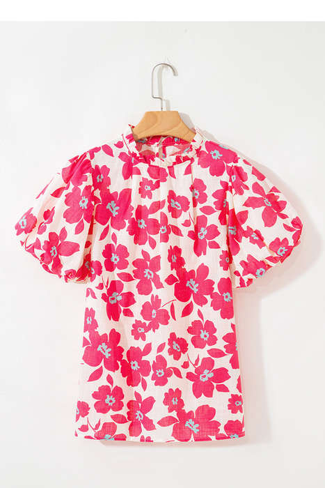 Pink Frilled Neck Short Puff Sleeve Floral Blouse