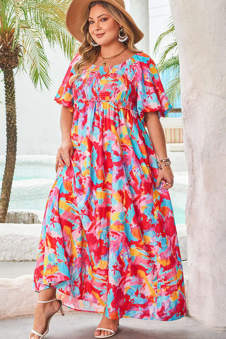 Rose Abstract Printed Puff Sleeve Square Neck Smocked Bust Tied Back Plus Size Dress