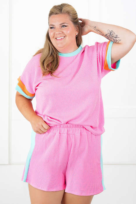 Bonbon Plus Size Color Block Corded Knit Tee and Shorts Set