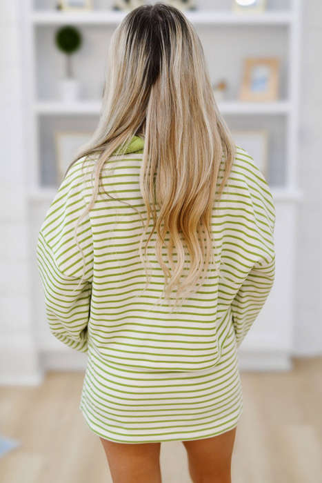 Green Stripe Collared V Neck Drop Shoulder Pullover and Skort 2pcs Outfit