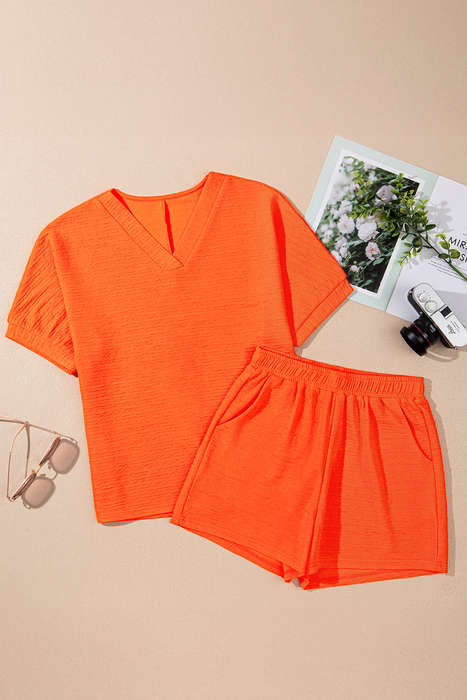 Orange Textured V Neck T Shirt and Shorts Set