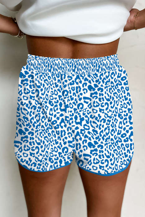 Blue Leopard Elastic Waistband Lace up Contrast Trim Casual Shorts