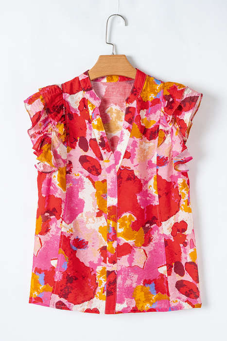 Red Abstract Print Split V Neck Ruffle Short Sleeve Blouse