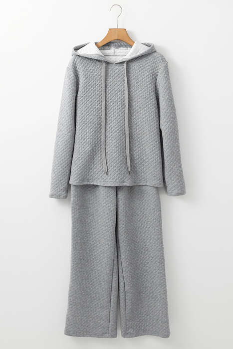 Gray Solid Color Drawstring Hoodie and Wide Leg Pants Set