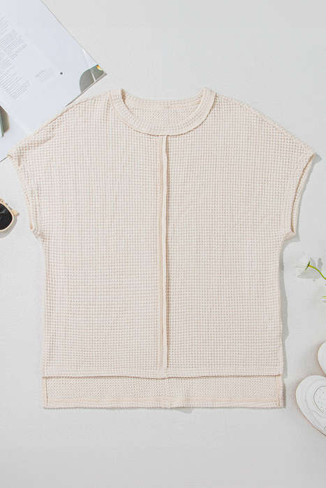 Pale Khaki Solid Color Textured Seamed Short Sleeve Top