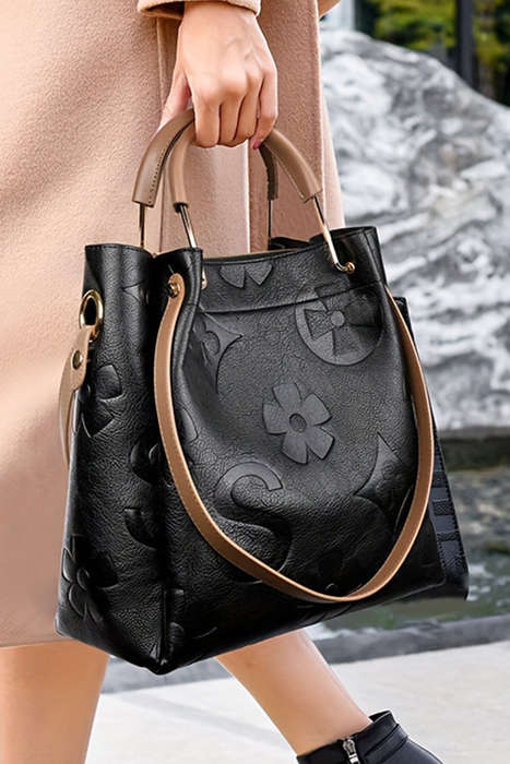 Black Embossed Leather Multi-functional Shoulder Bag with Handle