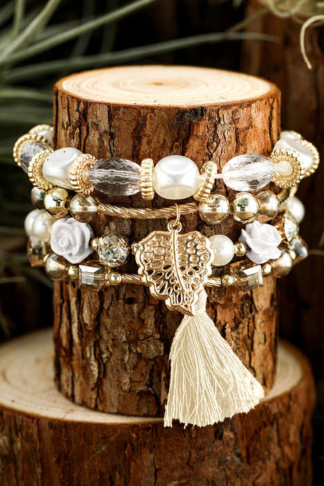 White Bohemian Rhinestone Beaded Fringed Layered Bracelet