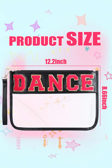 Black DANCE Chenille Letter PU Leather Patchwork Clear Makeup Bag