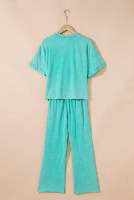 Mint Green Acid Wash Star Patched Rolled Trim Pants Set