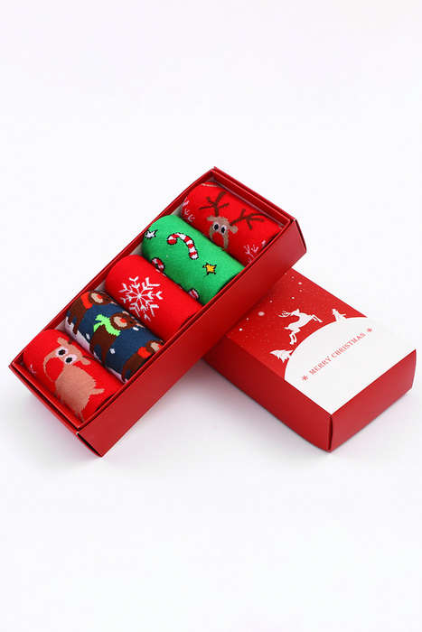 Fiery Red 5 Pairs/Set Christmas Cartoon Elk Soft Socks Set with Box