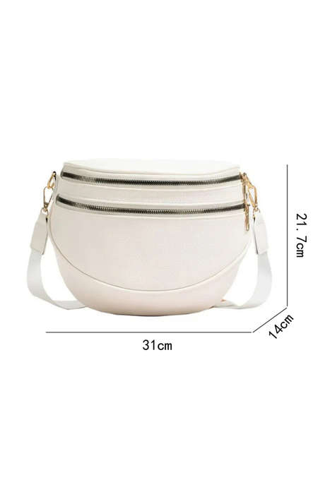 White Double Zip Faux Leather Crossbody Bag