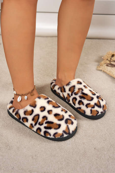 Coffee Leopard Plush Round Toe Flat House Slippers